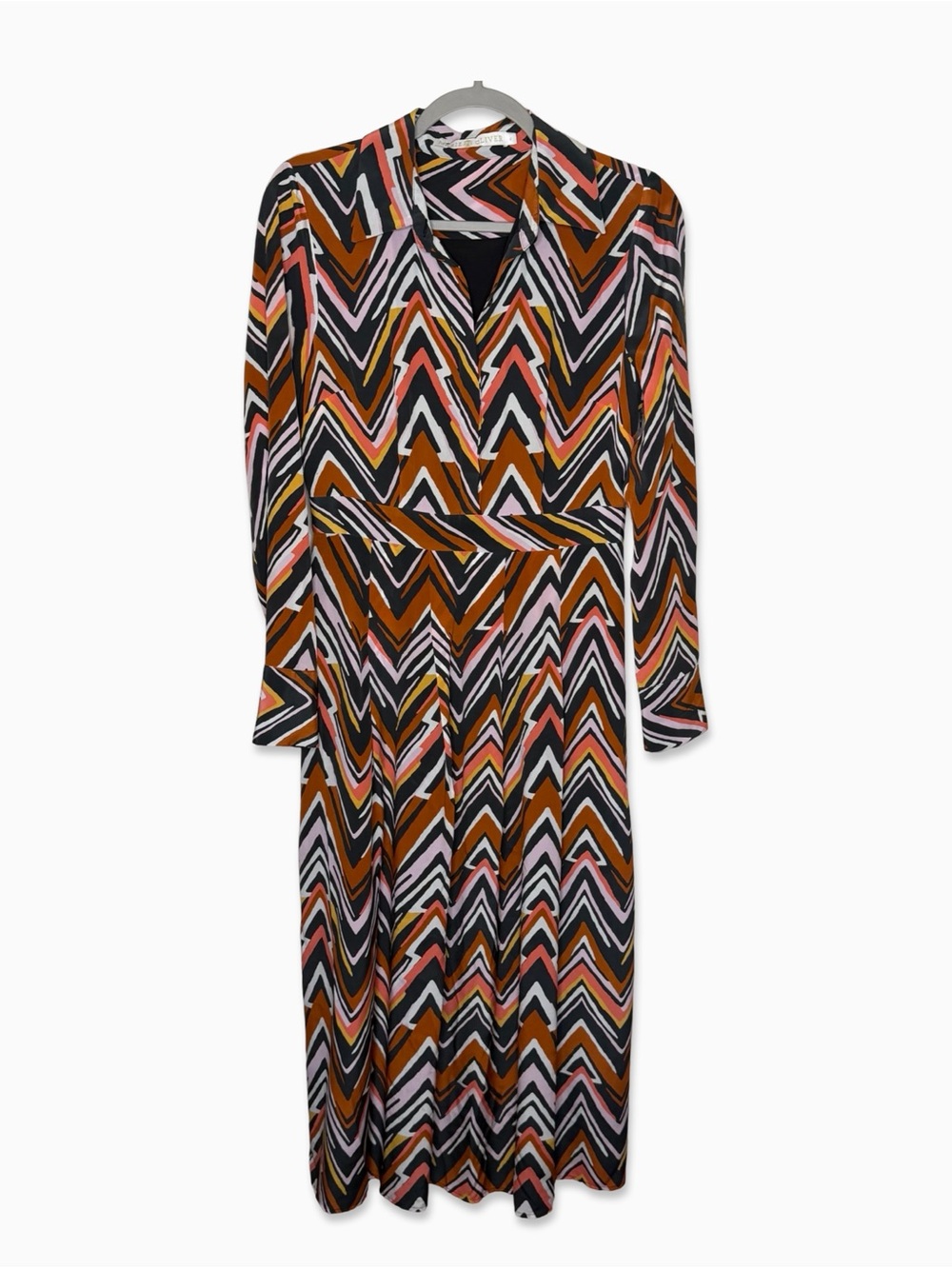 Marie Oliver Size 4 Silk Long-Sleeve Chevron Dress in Rust, Black & Blush